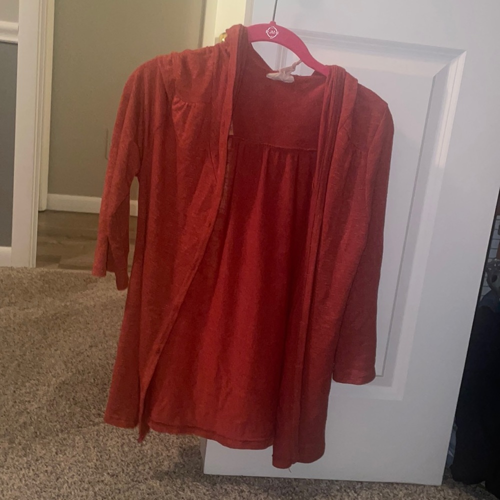 Robin K Orange 3/4 Sleeve Cardigan With Hood